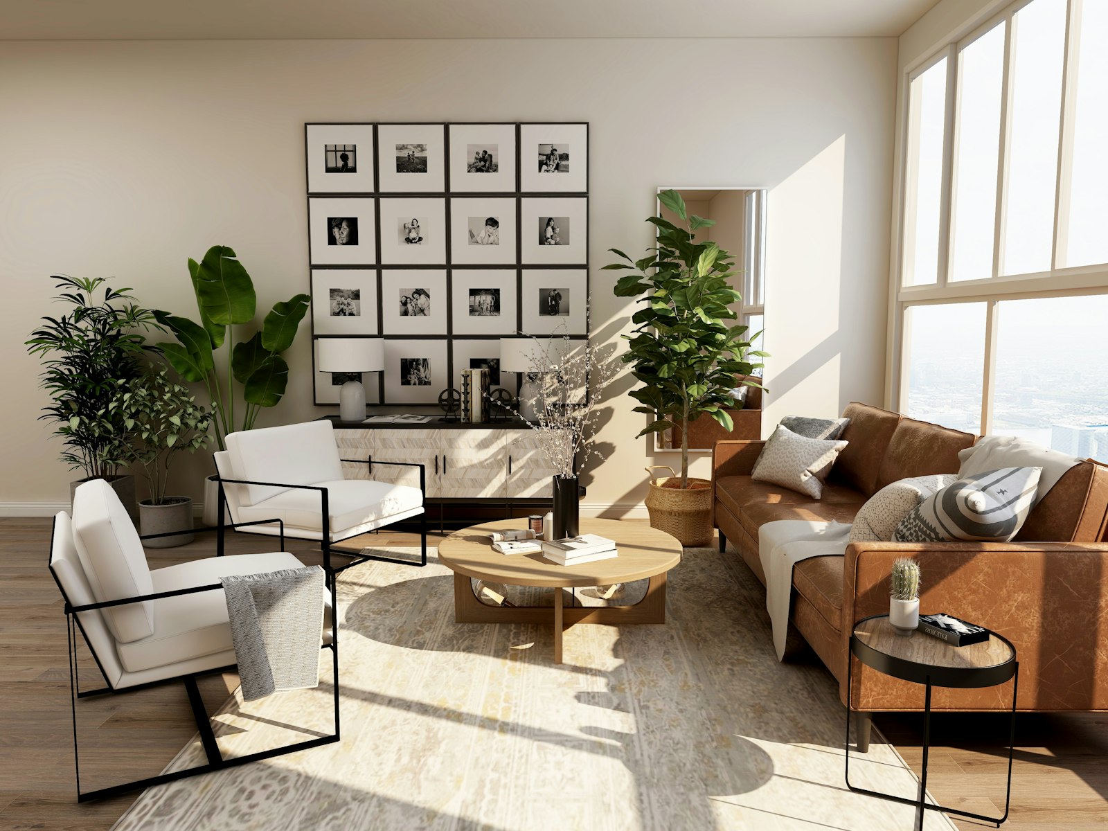 Designer residential interior with custom flooring and area rug